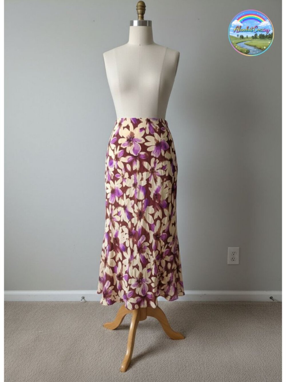 Satin Midi Skirt High Waisted A-Line Floral Print Elastic Waist